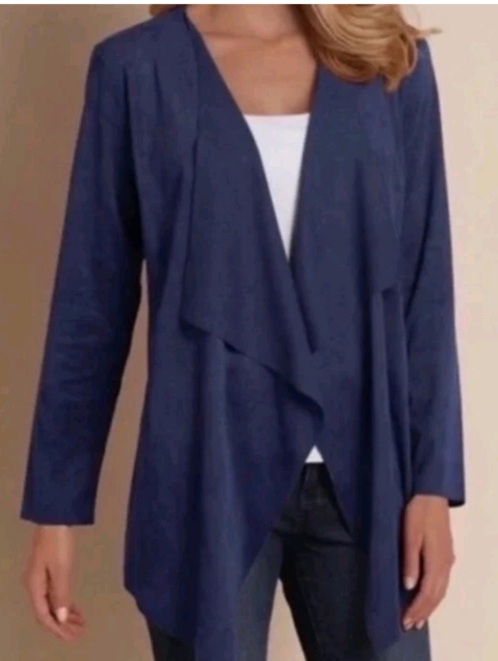 Soft Surroundings Navy Faux Suede Open Front Waterfall Cardigan Estimated Sz M